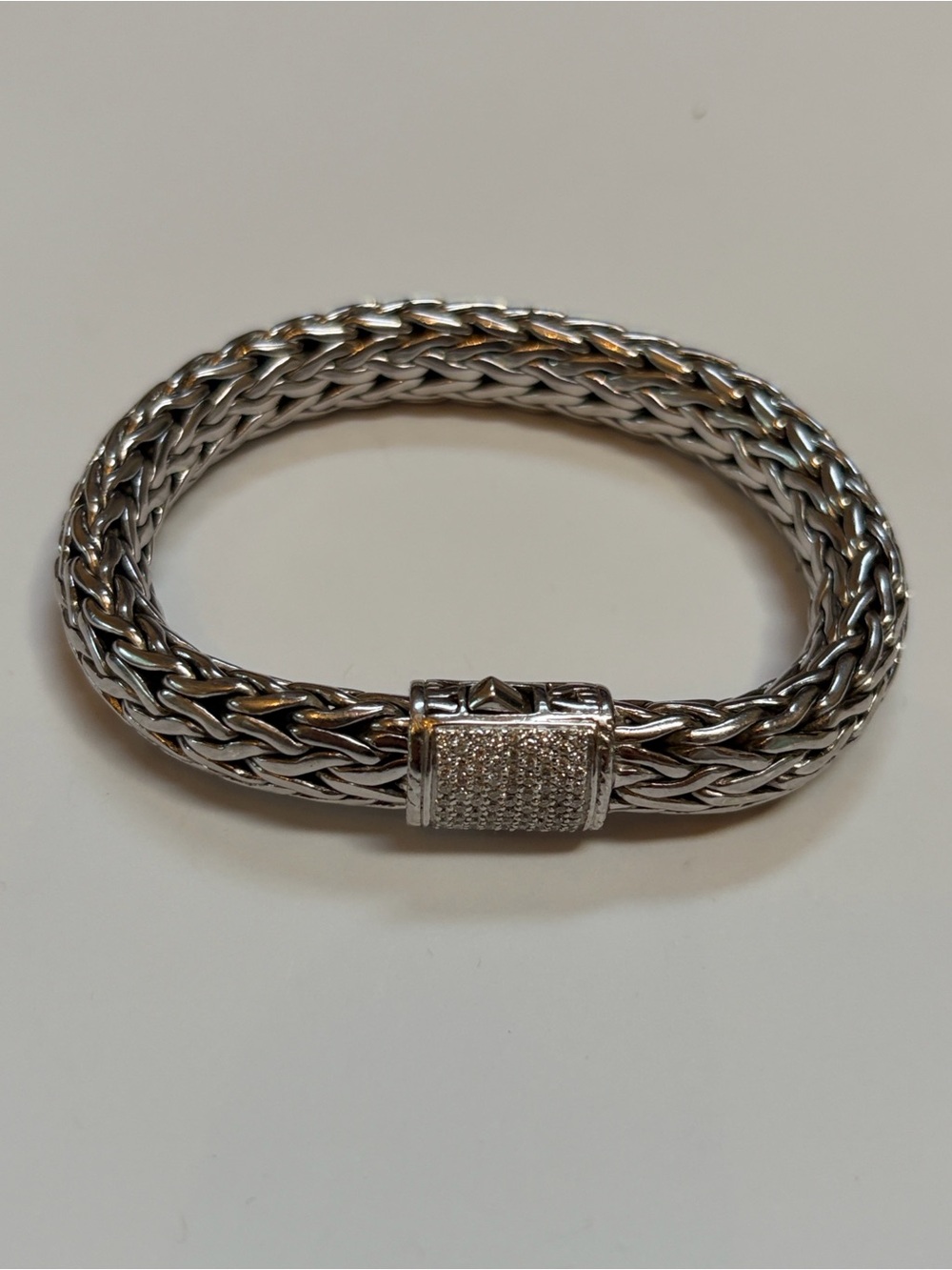 Iconic John hardy  Silver Braided Chain Bracelet with Pave Clasp.